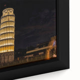 Black wall art depicting the Leaning Tower of Pisa in colorful, textured style on a framed canvas.