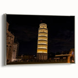 Framed canvas of a vintage-style landscape art painting depicting the Leaning Tower of Pisa in muted earth tones.