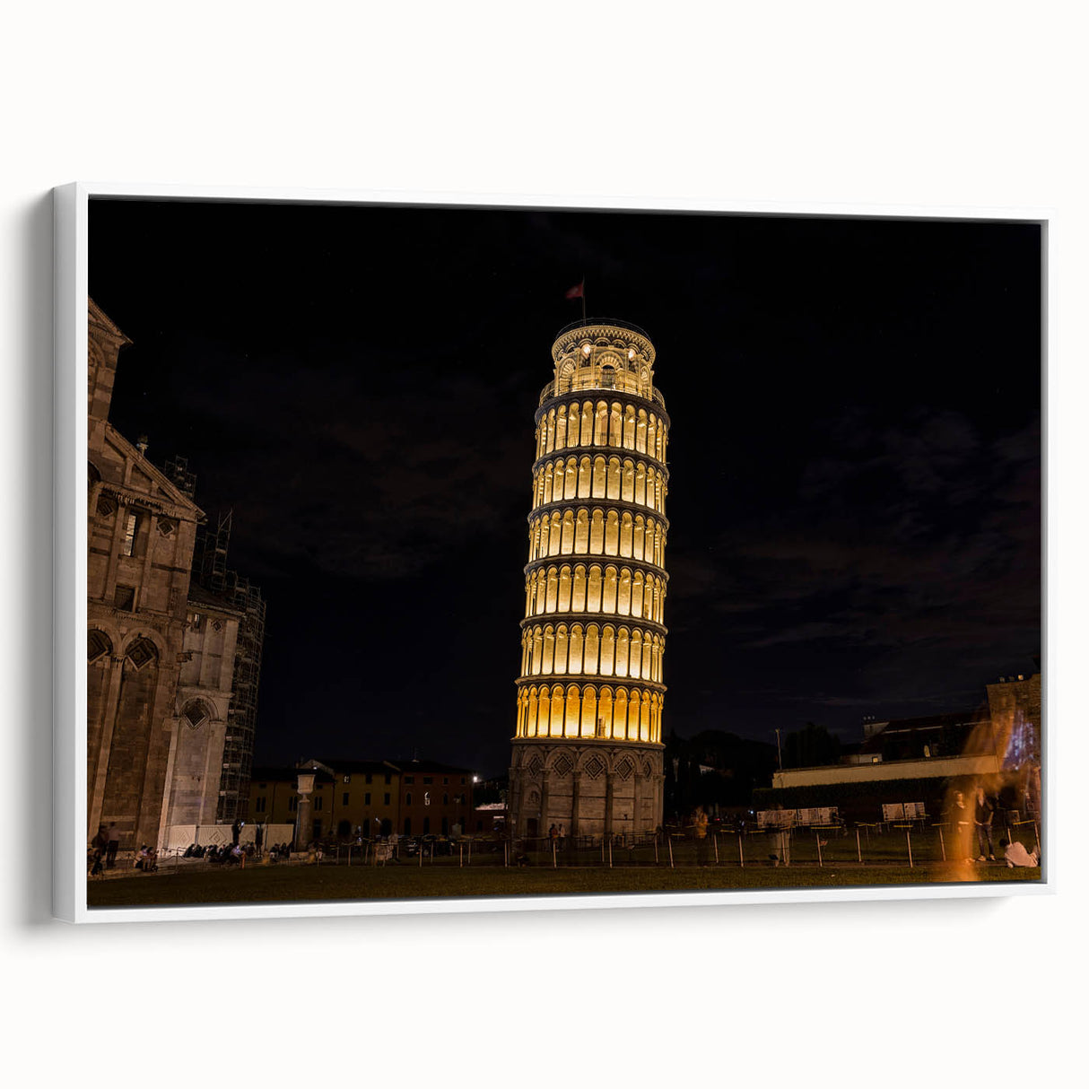 Vintage poster art of Pisa with colorful accents on extra large framed canvas, ideal for living room decor.