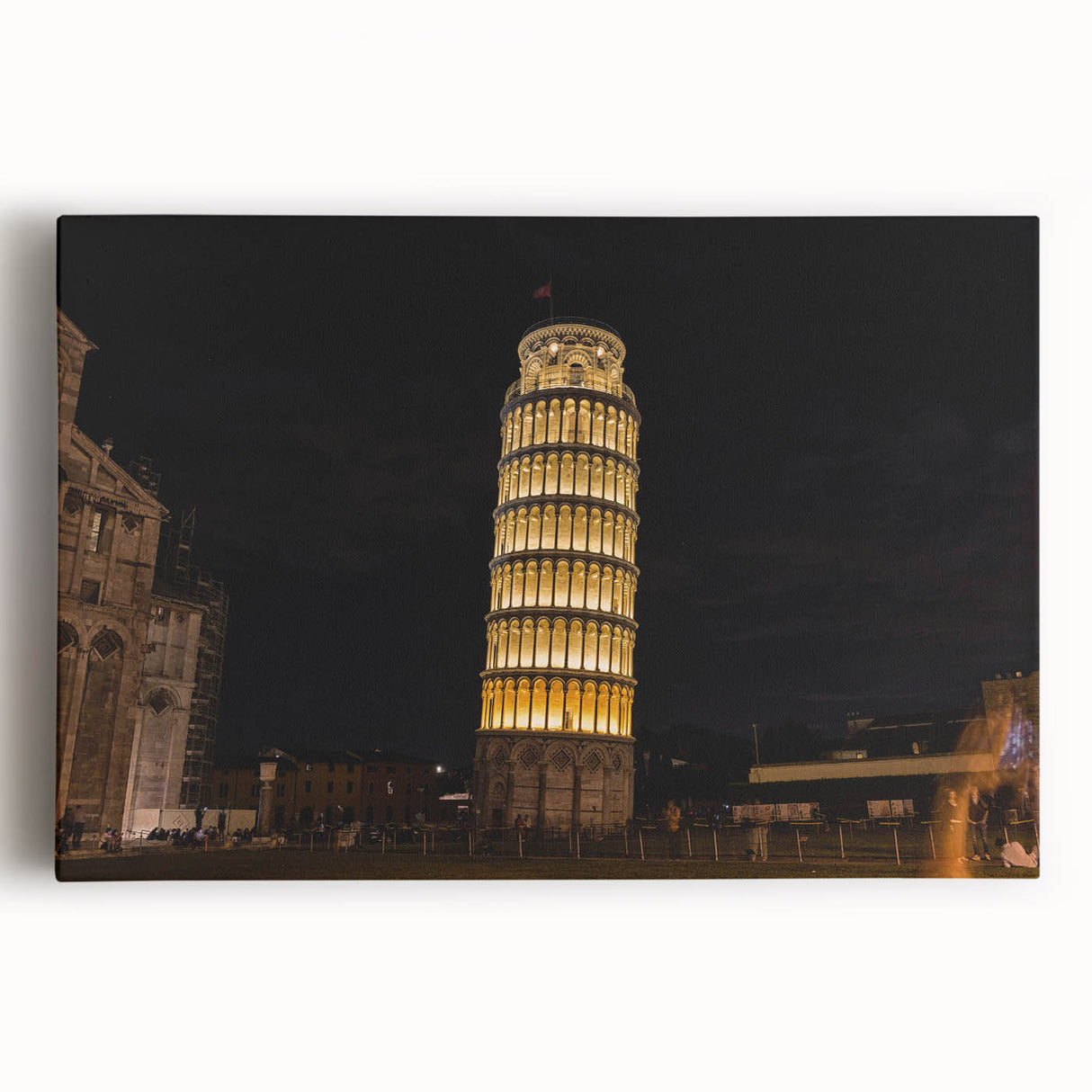 Black and white image of the Leaning Tower of Pisa on stretched canvas, ideal for kitchen wall art.