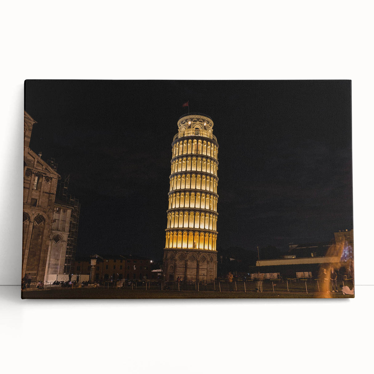 Black and white large art print of the Leaning Tower of Pisa on a stretched canvas, suited for kitchen wall art.