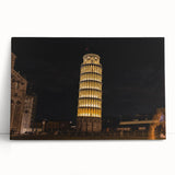 Black and white large art print of the Leaning Tower of Pisa on a stretched canvas, suited for kitchen wall art.