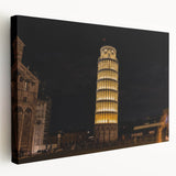 Side view of a stretched canvas featuring a detailed depiction of the Leaning Tower of Pisa in earthy tones.
