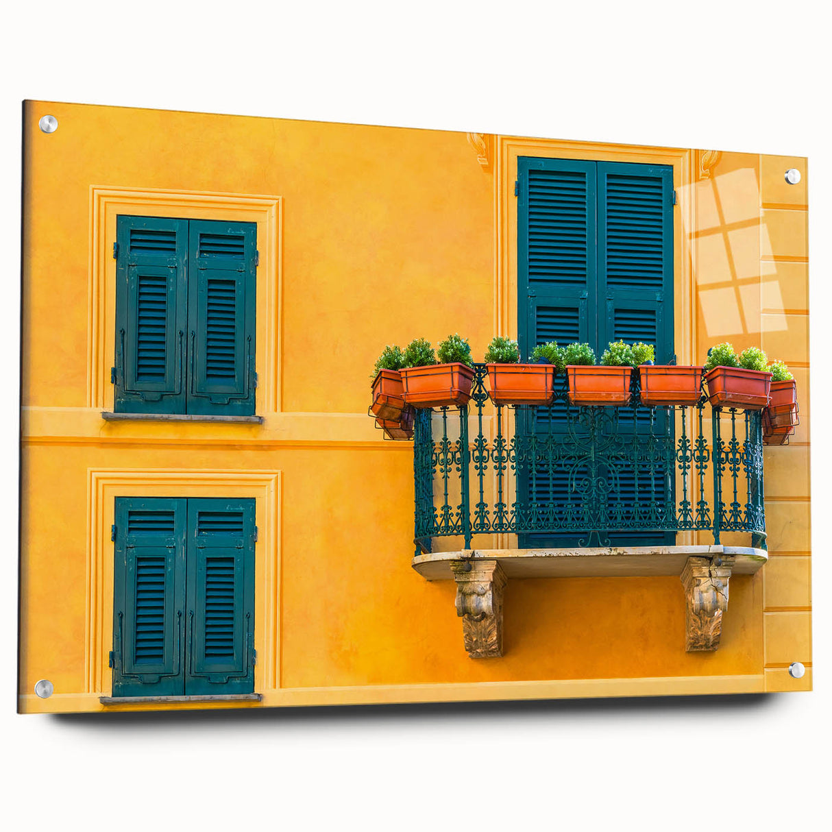 Acrylic print of Portofino, Italy with vivid coastal colors, ideal for dining room decor.