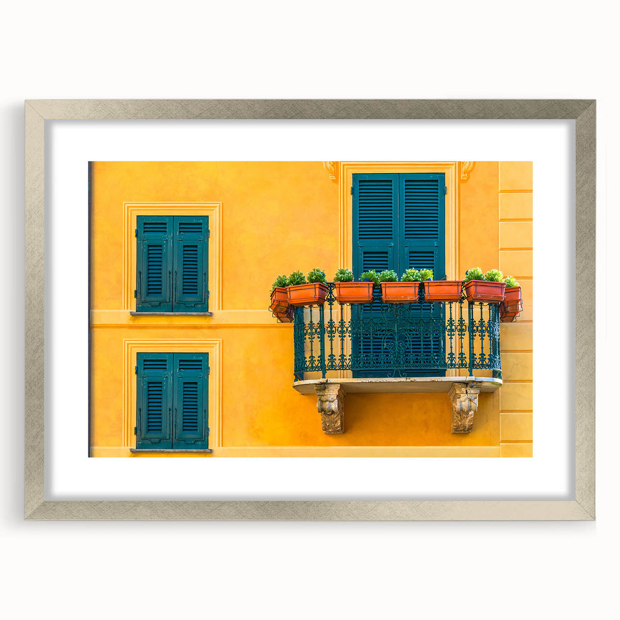 Extra large abstract art print of Portofino, Italy with textured details in vibrant colors on a silver-framed canvas.