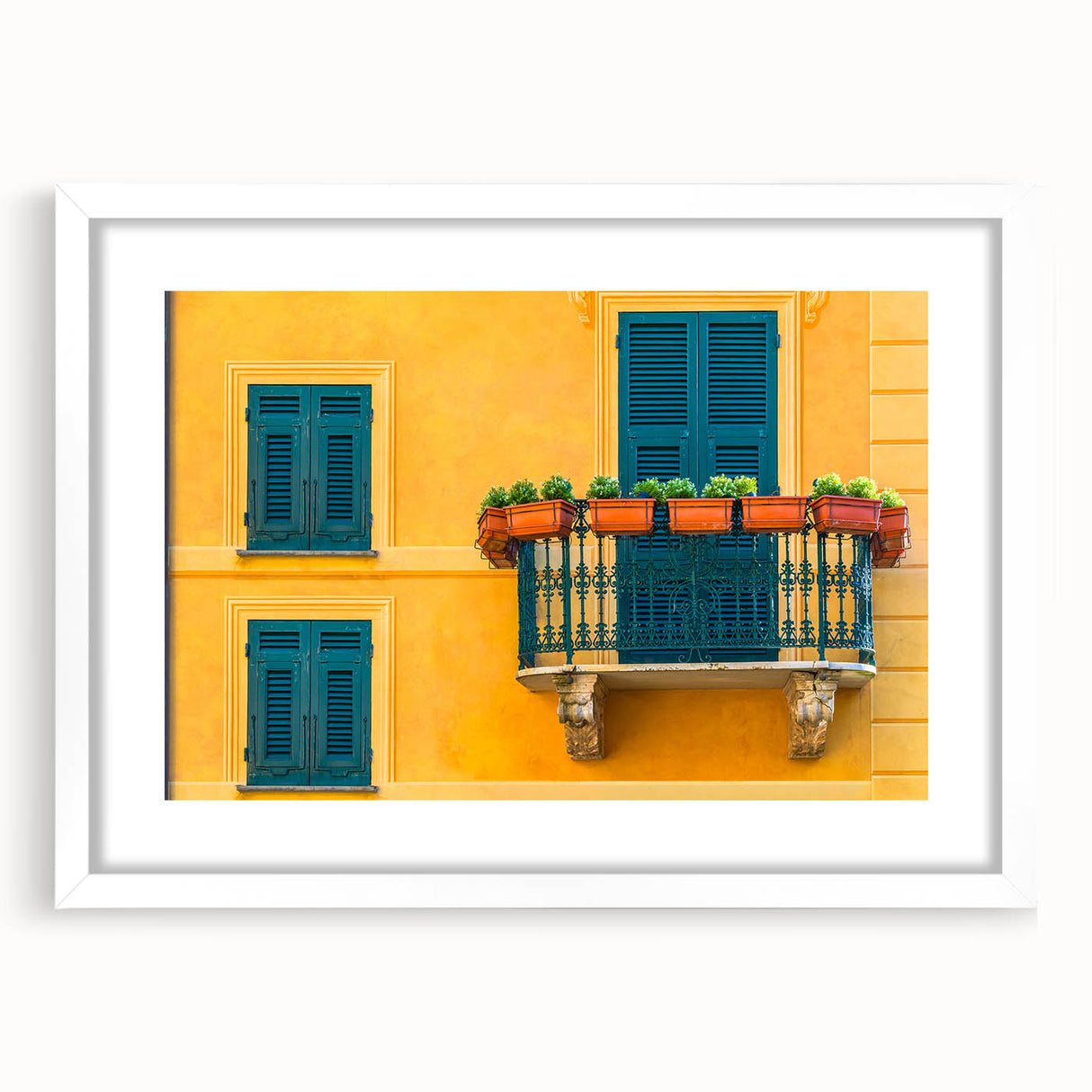 Textured art print of Portofino, Italy in abstract style with muted earth tones on a framed white mat, ideal for bedroom art.