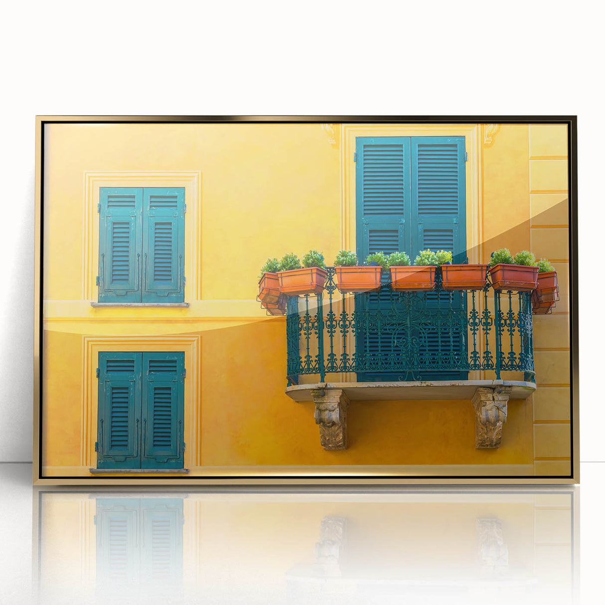 Art Deco-style poster of Portofino, Italy, featuring vibrant blues and golds on framed acrylic.