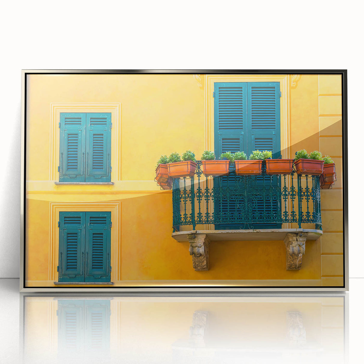 Acrylic print of Portofino, Italy with vibrant blue and green tones in a mid-century modernist style.