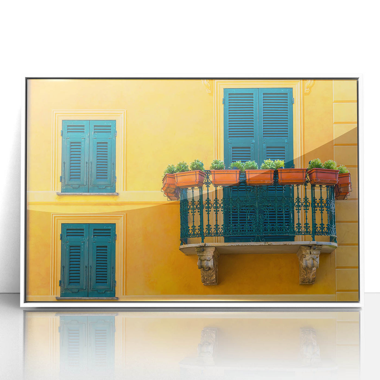 Mid-century modernist art of Portofino, Italy, in acrylic print with vibrant blues and greens, ideal for nursery wall art.