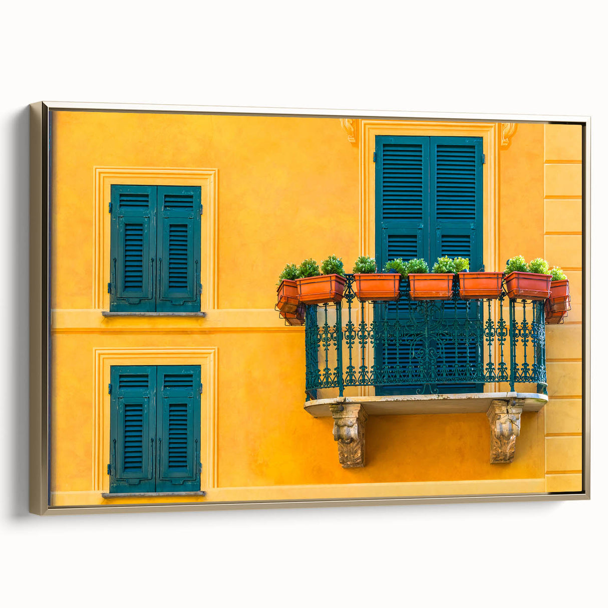 Vintage poster-style landscape painting of Portofino, Italy, on a framed canvas with a gold edge.