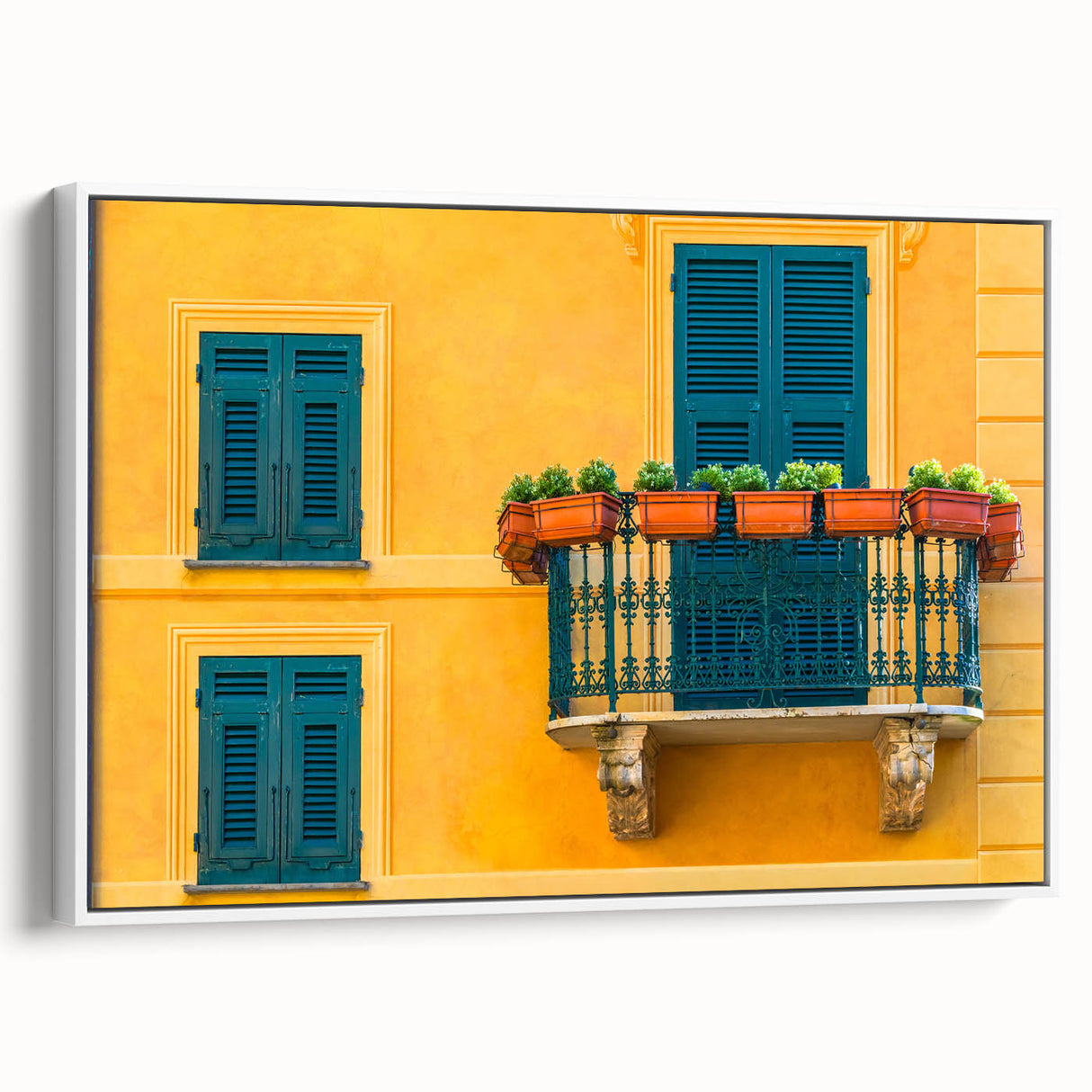 Vintage poster art of Portofino, Italy, featuring colorful waterfront buildings on a large, framed canvas.