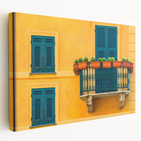 Portofino, Italy seaside landscape on large stretched canvas, featuring vibrant blues and greens, ideal for kitchen wall art.