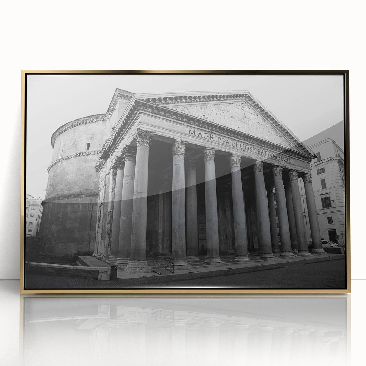 Art deco poster of Rome's skyline in muted gold and ivory tones, acrylic framed, suitable for modern art wall decor.