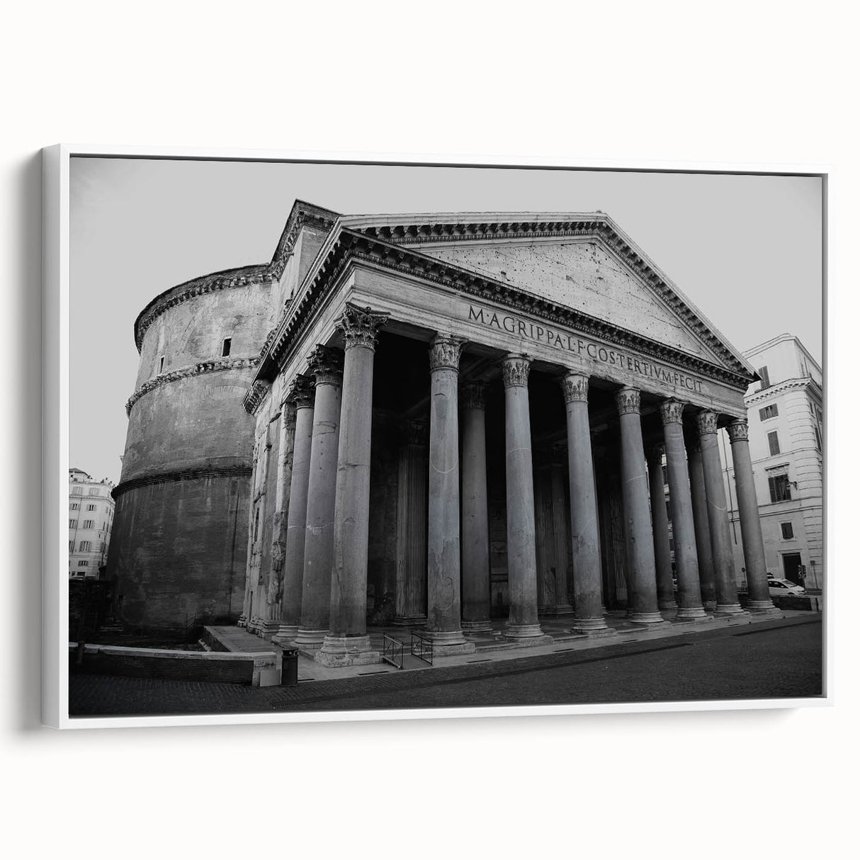 Vintage poster art of Rome on a framed canvas, featuring colorful illustrations on a black background.
