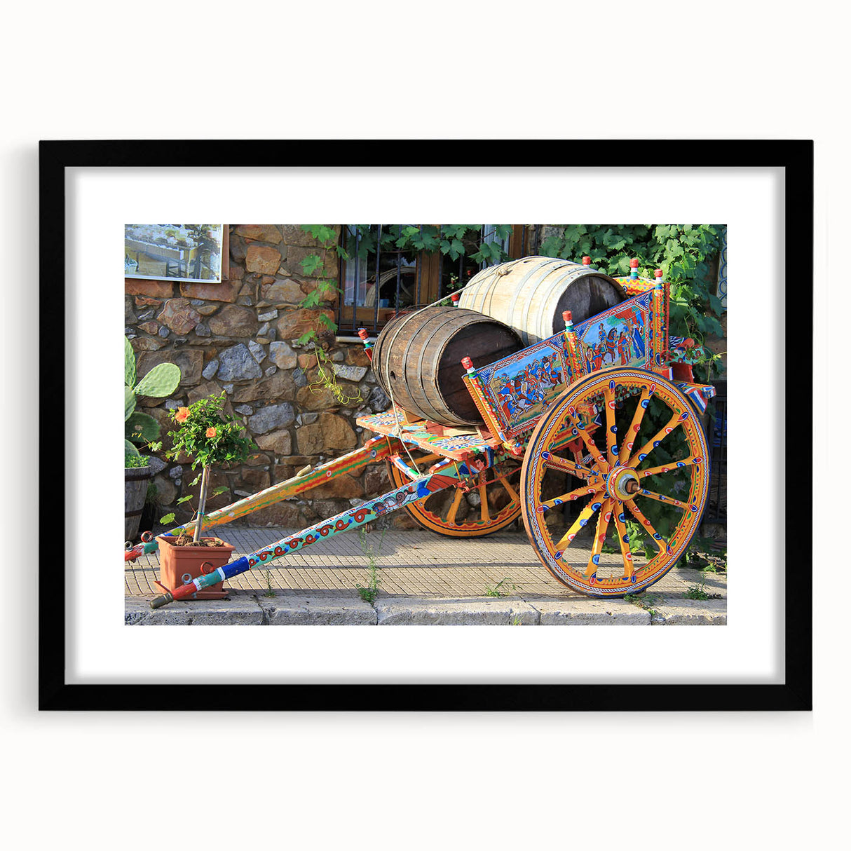 Extra large, textured abstract art print of a colorful Sicilian landscape on a framed canvas, ideal for living room decor.