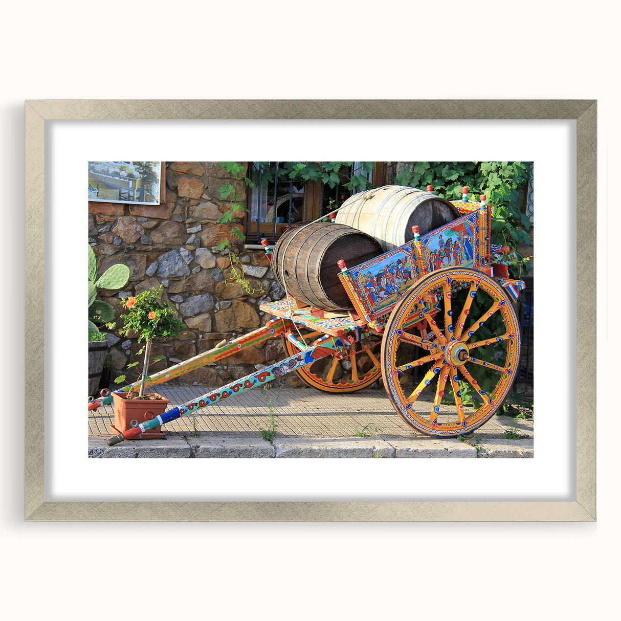 Extra large wall art featuring abstract, textured view of Sicilian scenery in muted earth tones, framed in silver.