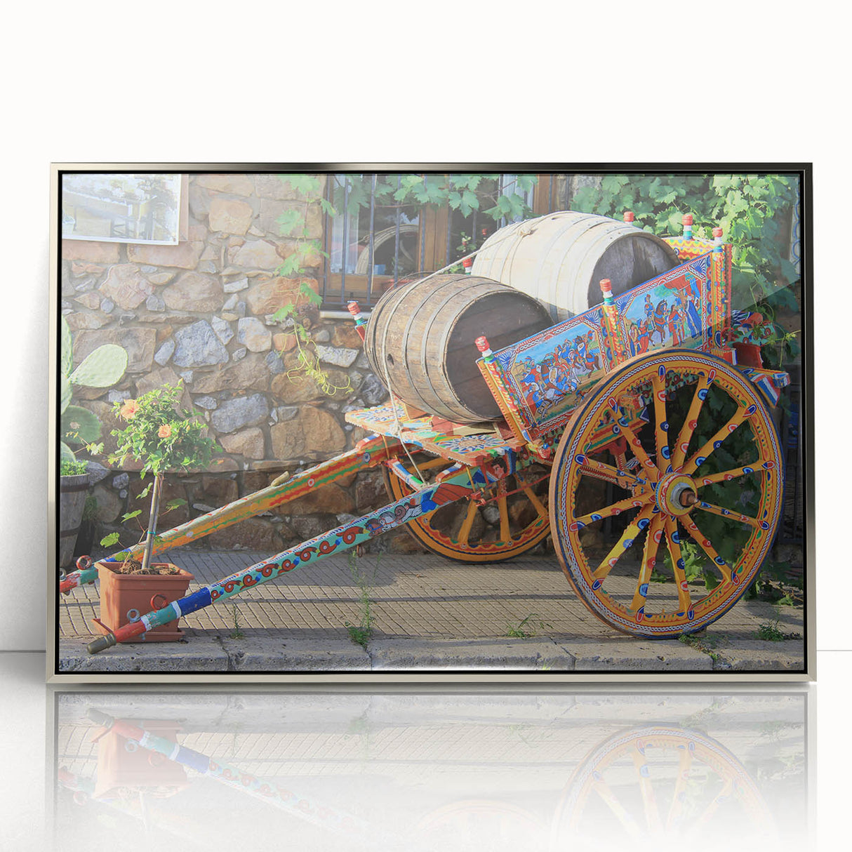 Framed acrylic print of a Sicilian landscape in muted earth tones, ideal for modern art wall decor.