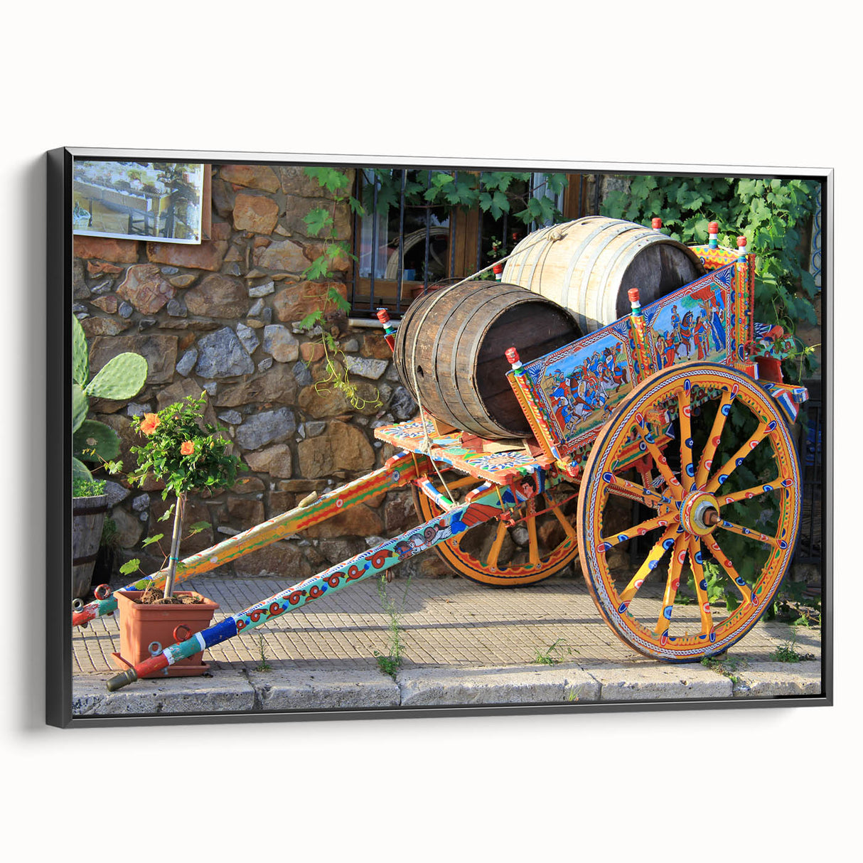 Black and white landscape painting of Sicily on framed canvas, ideal for bedroom wall decor.