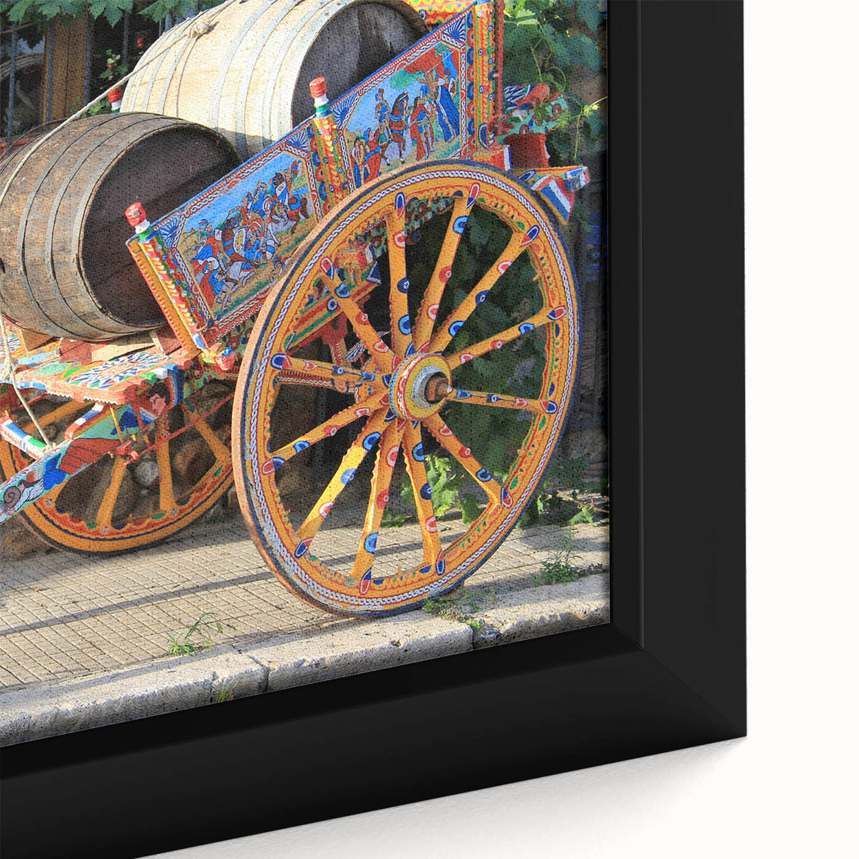 Black wall art featuring a textured, colorful Sicilian landscape on a framed canvas, ideal for living room decor.