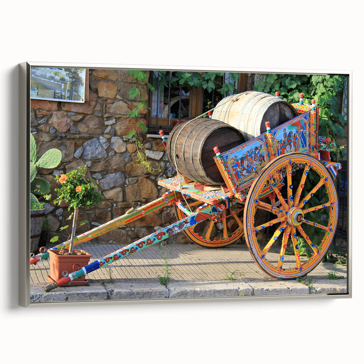 Landscape art painting of a Sicilian scenery on a framed canvas, featuring vibrant colors and vintage poster art style.