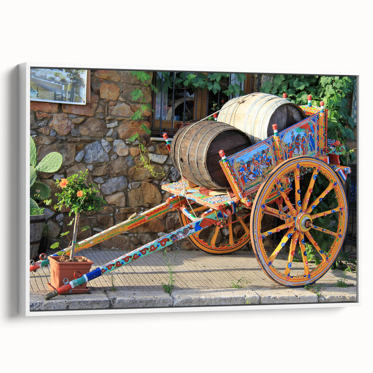 Vintage poster art of a Sicilian landscape on framed canvas, featuring vibrant colors, ideal for living room decor.