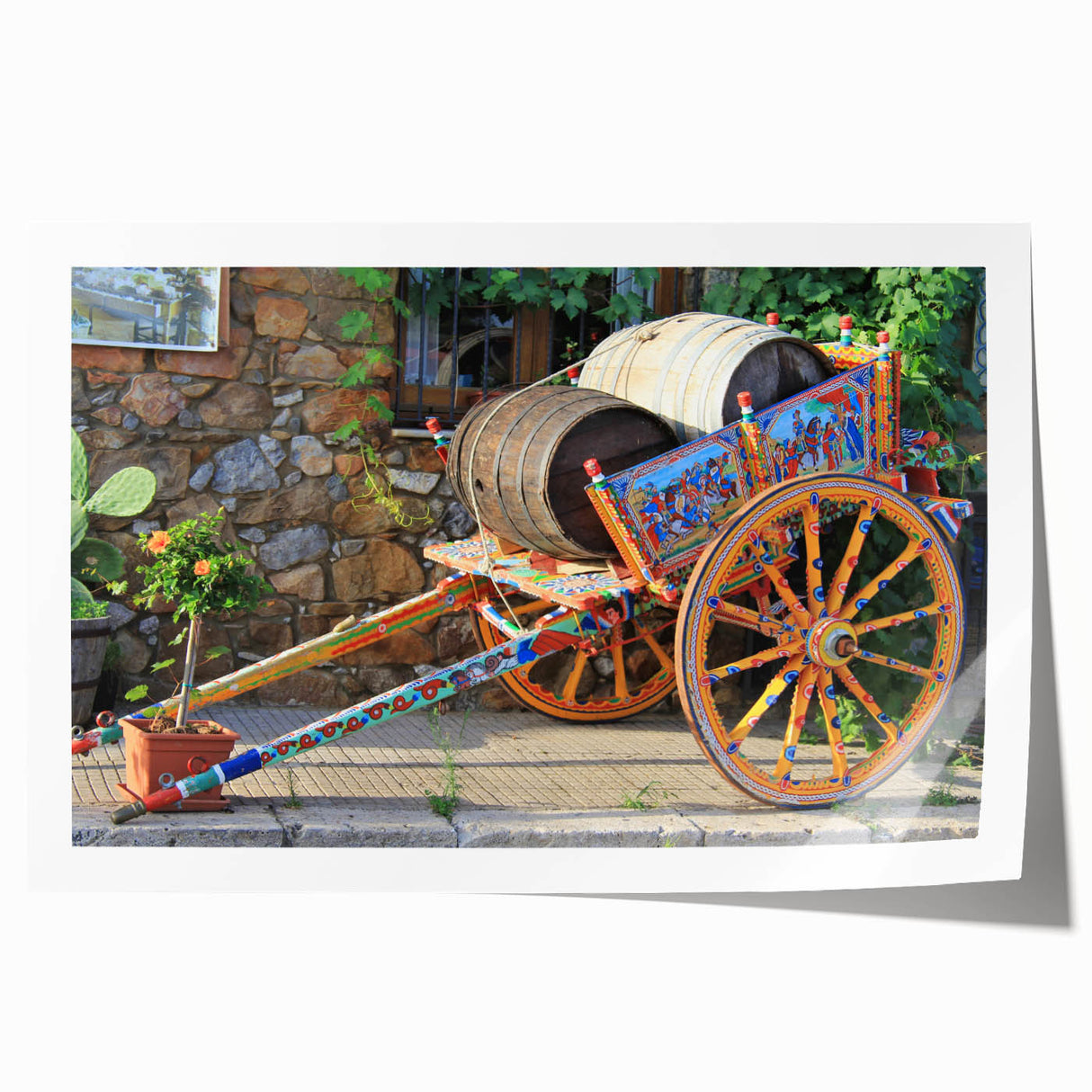 Extra large rolled print of Sicilian landscape with vibrant floral elements, ideal for art wall dining room.