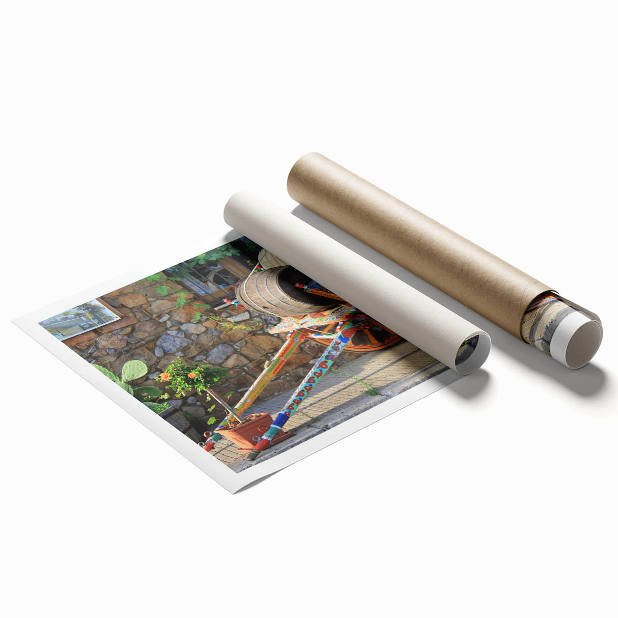 Large rolled canvas print of Sicilian landscape with vibrant floral foreground, ideal for classy bathroom wall art.