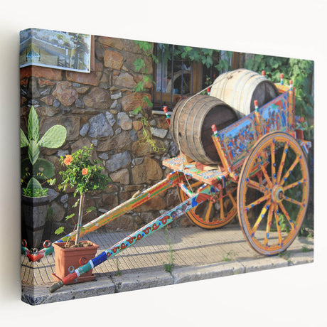 Large art depicting a Sicilian landscape on stretched canvas, featuring muted earth tones, ideal for kitchen wall art.