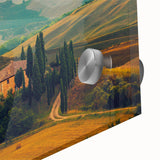 Large abstract wall art featuring Tuscan landscape in muted earth tones on acrylic glass, suitable for dining room ambiance.