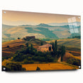 Acrylic print of a Tuscan landscape with lush green fields under a clear sky, ideal for dining room decor.