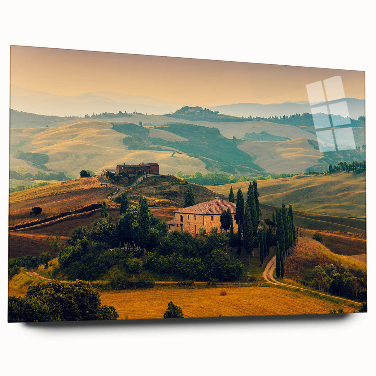 Large abstract wall art of the Tuscan landscape in muted earth tones on acrylic glass.
