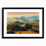 Colorful abstract art print of Tuscany scenery in vibrant hues on a large framed canvas, ideal for living room decor.