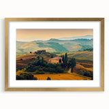 Abstract art print of the Tuscany landscape in muted earth tones, framed in gold, suitable for bedroom or dining room decor.