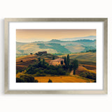 Extra large abstract art print of Tuscany landscape in muted earth tones, framed in silver, ideal for living room decor.