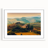 Textured art depicting abstract Tuscan landscape in earthy tones on a framed white mat, ideal for bedroom ambiance.