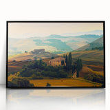 Framed acrylic print of a large abstract depiction of Tuscany landscape in muted earth tones.