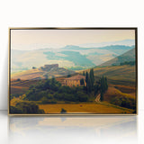 Framed acrylic print of a Tuscan landscape in muted earth tones, ideal for modern art wall decor.