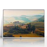 Mid-century modernist art of Tuscany scenery in muted earth tones on a framed acrylic, ideal for nursery wall art.