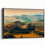 Black and white landscape art of Tuscany on framed canvas, ideal for bedroom decor.