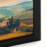 Framed canvas depicting a textured Tuscan landscape in black with colorful accents, suitable for large living room walls.