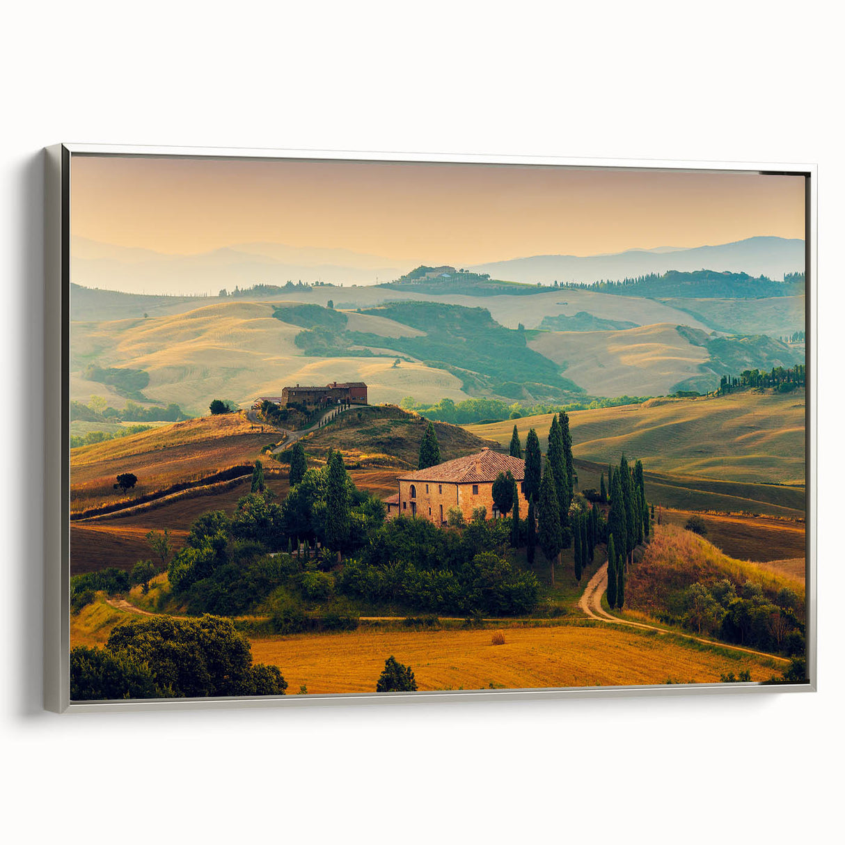Landscape art painting of a Tuscan scenery on a framed canvas, featuring vibrant green and earthy tones.