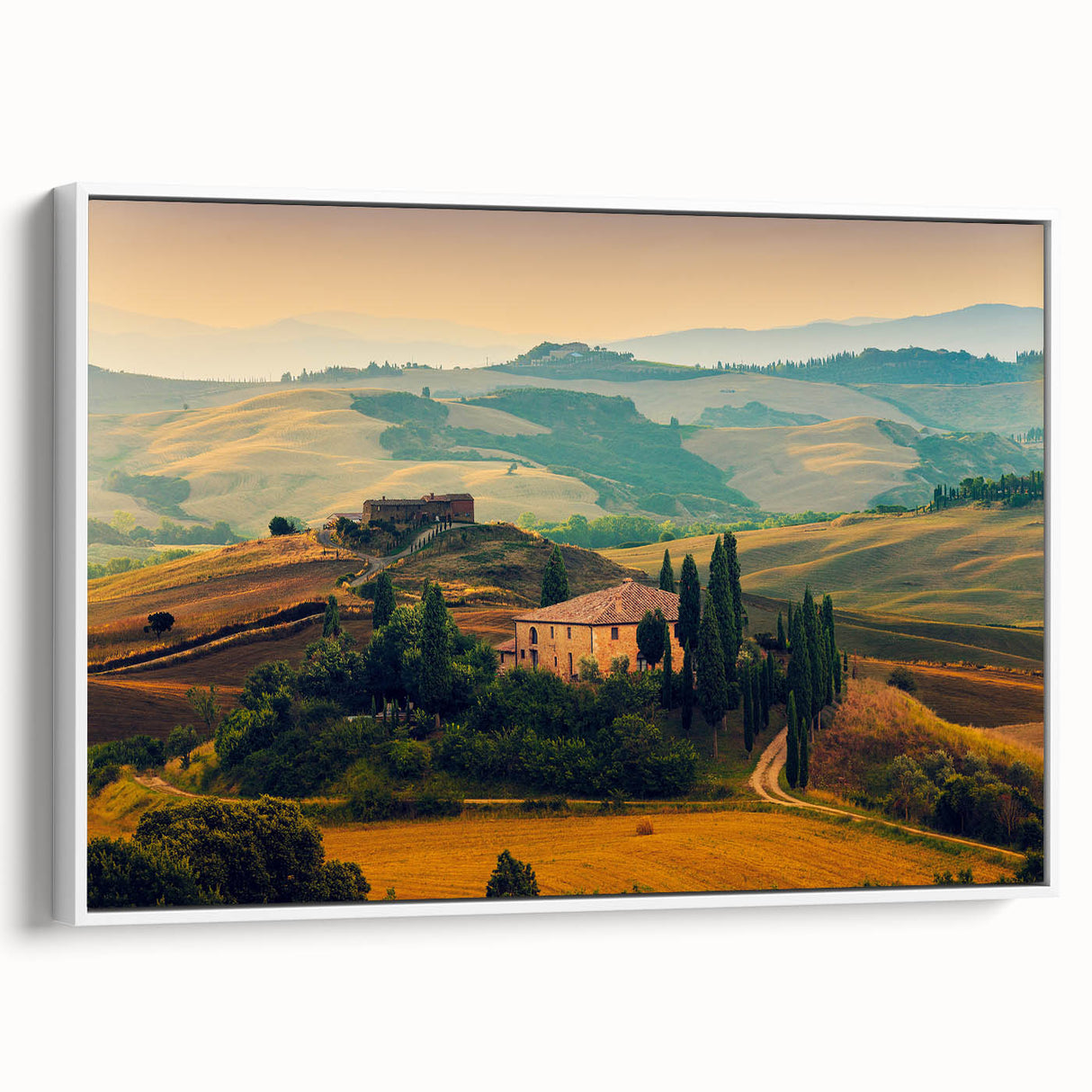 Vintage poster art of a Tuscan landscape on framed canvas, featuring a palette of earth tones, ideal for living room decor.