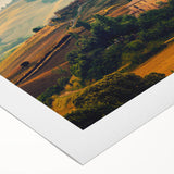 Art deco poster of Tuscany landscape in muted earth tones on rolled canvas, suited for dining room decor.