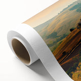 Art deco-style Tuscan landscape on rolled canvas, in muted earth tones, ideal for nursery wall art.