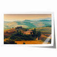 Rolled print of a Tuscan landscape with vibrant green fields and blue skies, ideal for dining room wall art.