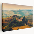 Landscape painting of Tuscany on stretched canvas, featuring rolling hills and a sunset palette.
