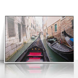 Mid-century modernist art depicting a Venice scenery in muted earth tones on a framed acrylic.