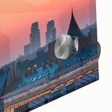 Large abstract wall art featuring a mid-century modernist style depiction of a European scenery in muted earth tones.