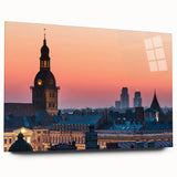 Large abstract wall art depicting a Latvian landscape in muted earth tones on acrylic glass.