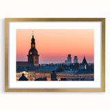 Abstract art print of a European landscape in muted earth tones, framed with a gold mat, ideal for dining room decor.